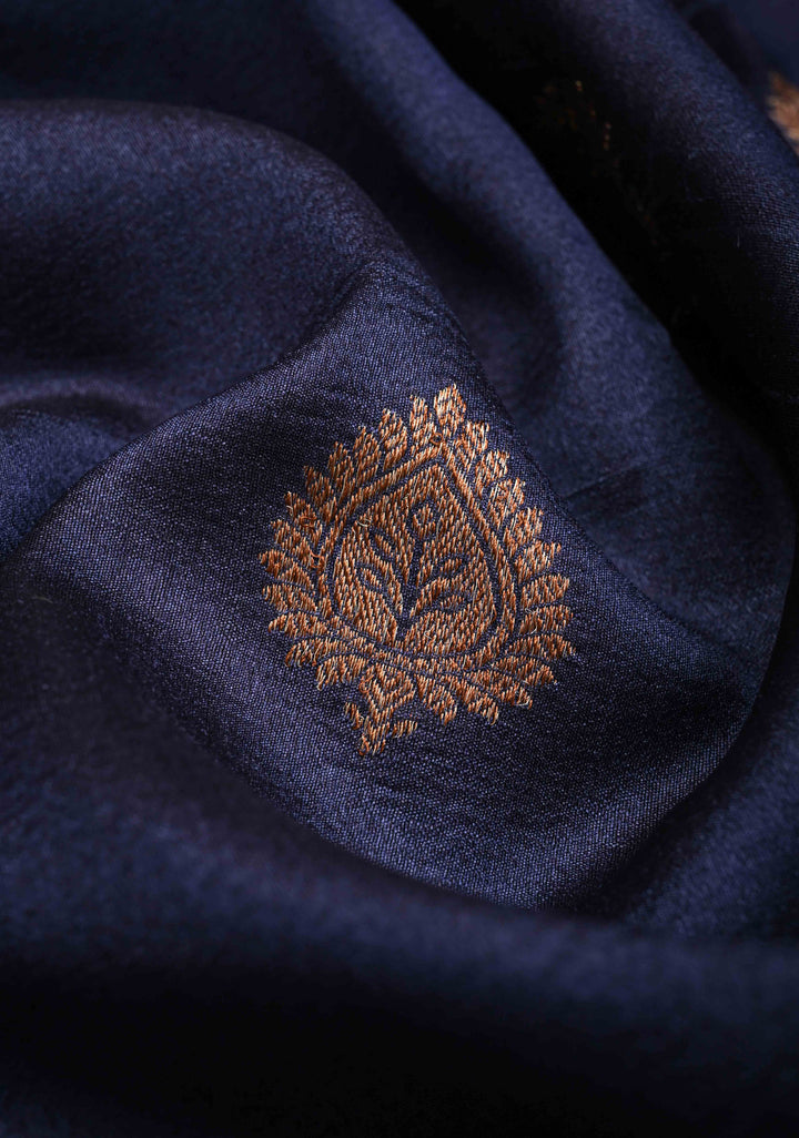 Dark Navy Blue  Banarasi Tussar Georgette Saree with Antique Zari & Hand Brushed Border | SILK MARK CERTIFIED