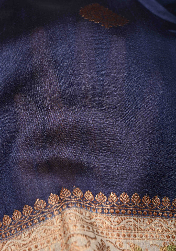 Dark Navy Blue  Banarasi Tussar Georgette Saree with Antique Zari & Hand Brushed Border | SILK MARK CERTIFIED