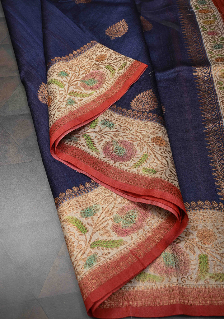 Dark Navy Blue  Banarasi Tussar Georgette Saree with Antique Zari & Hand Brushed Border | SILK MARK CERTIFIED