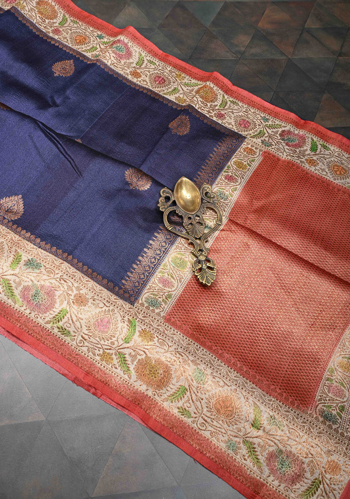 Dark Navy Blue  Banarasi Tussar Georgette Saree with Antique Zari & Hand Brushed Border | SILK MARK CERTIFIED