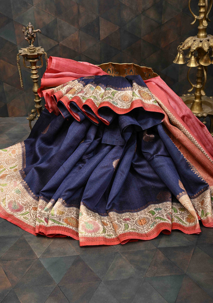 Dark Navy Blue  Banarasi Tussar Georgette Saree with Antique Zari & Hand Brushed Border | SILK MARK CERTIFIED
