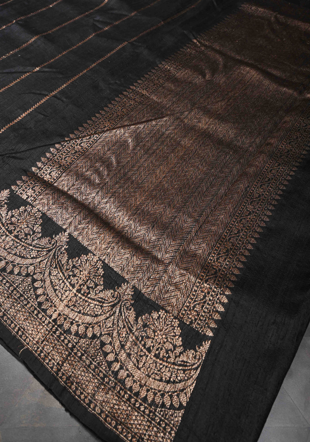 Banarasi Raw Silk Saree in Black with Antique Zari Vertical Stripes and Scalloped Border| SILK MARK CERTIFIED