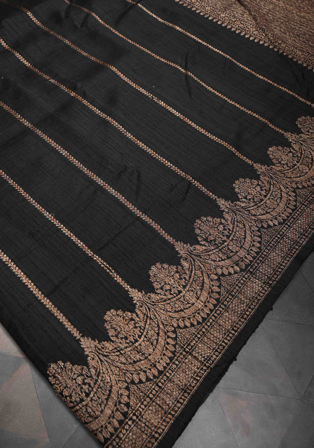 Banarasi Raw Silk Saree in Black with Antique Zari Vertical Stripes and Scalloped Border| SILK MARK CERTIFIED