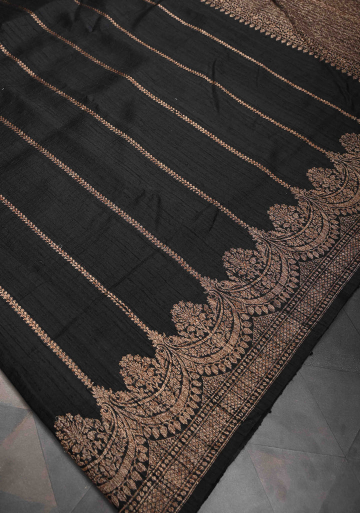 Banarasi Raw Silk Saree in Black with Antique Zari Vertical Stripes and Scalloped Border| SILK MARK CERTIFIED