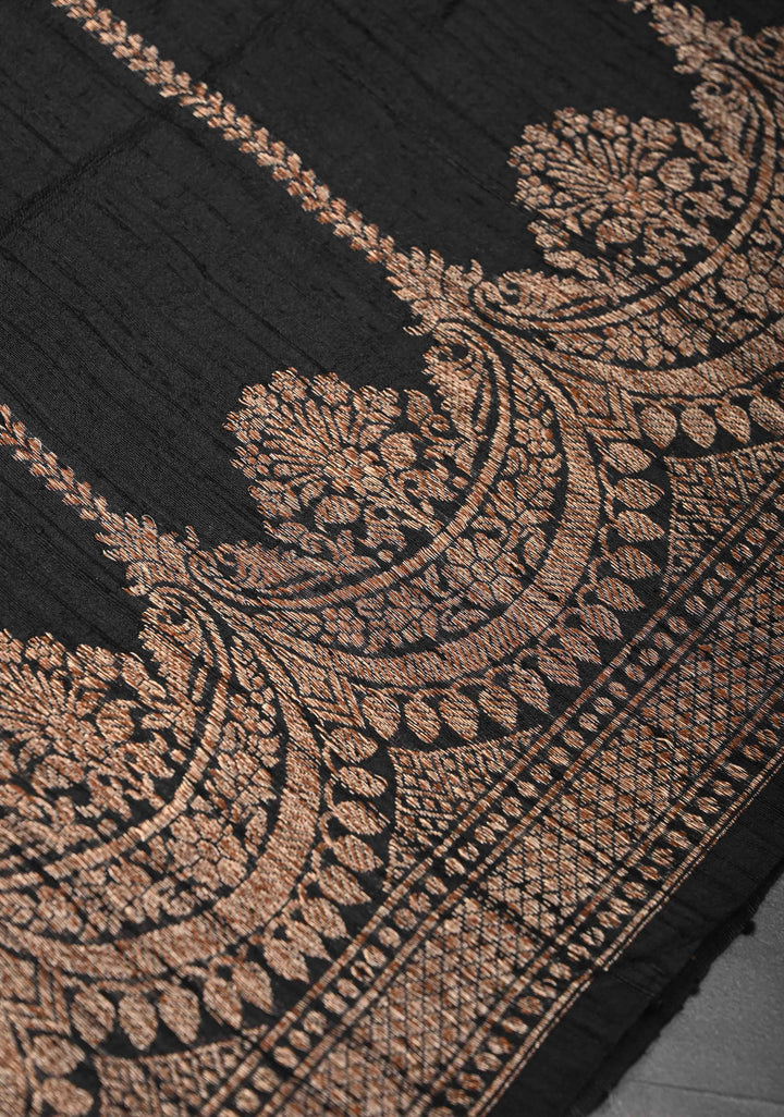 Banarasi Raw Silk Saree in Black with Antique Zari Vertical Stripes and Scalloped Border| SILK MARK CERTIFIED