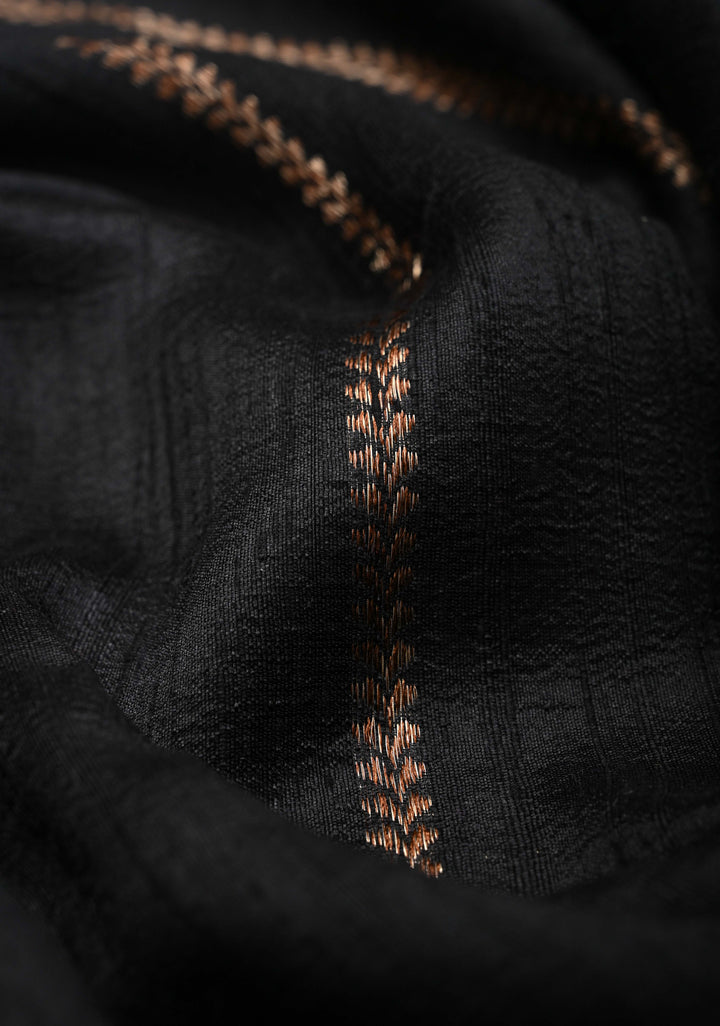 Banarasi Raw Silk Saree in Black with Antique Zari Vertical Stripes and Scalloped Border| SILK MARK CERTIFIED