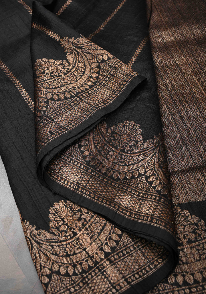 Banarasi Raw Silk Saree in Black with Antique Zari Vertical Stripes and Scalloped Border| SILK MARK CERTIFIED