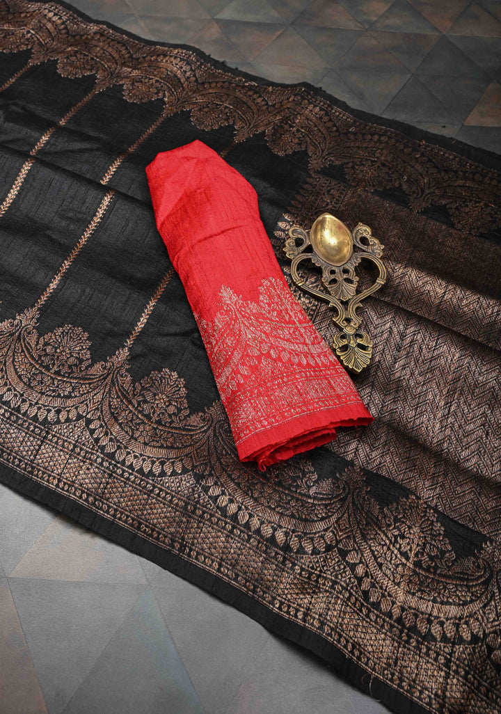 Banarasi Raw Silk Saree in Black with Antique Zari Vertical Stripes and Scalloped Border| SILK MARK CERTIFIED