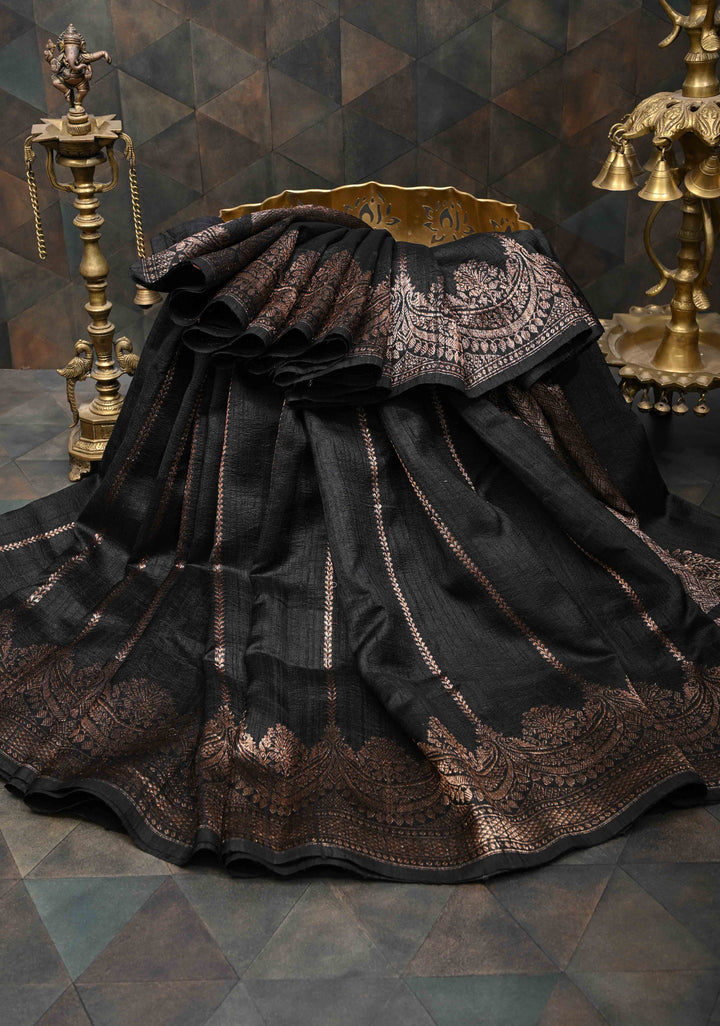 Banarasi Raw Silk Saree in Black with Antique Zari Vertical Stripes and Scalloped Border| SILK MARK CERTIFIED