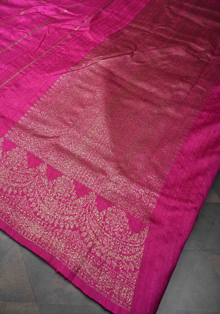Pink Banarasi Raw Silk Saree with Zari Vertical Stripes and Scalloped Border | SILK MARK CERTIFIED