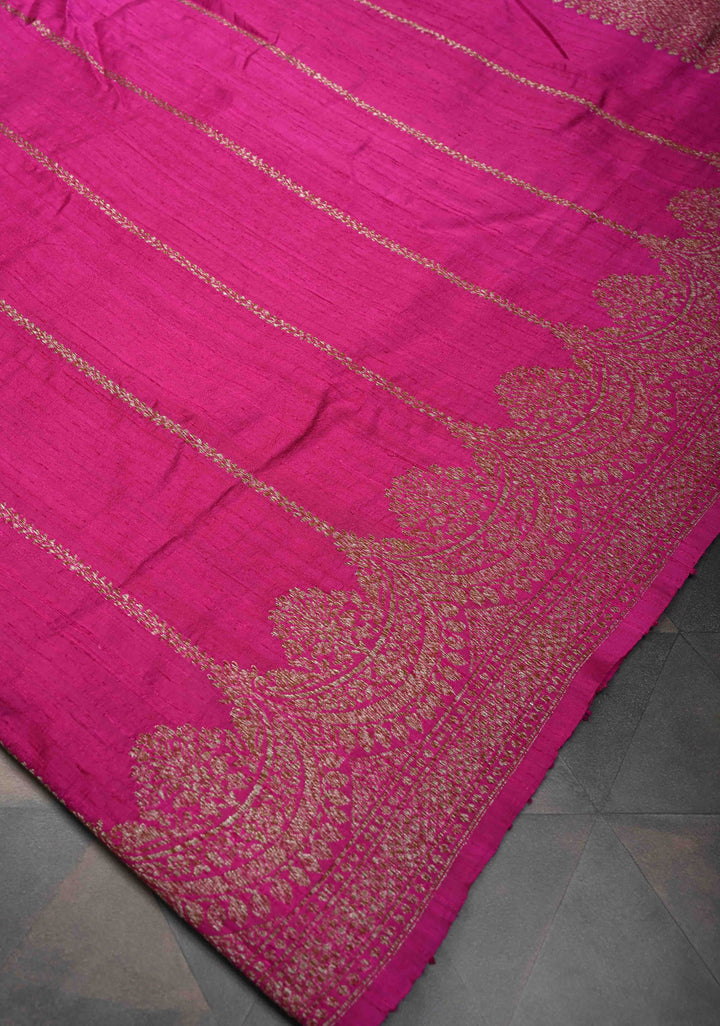 Pink Banarasi Raw Silk Saree with Zari Vertical Stripes and Scalloped Border | SILK MARK CERTIFIED