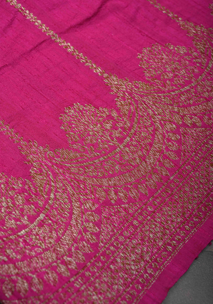 Pink Banarasi Raw Silk Saree with Zari Vertical Stripes and Scalloped Border | SILK MARK CERTIFIED