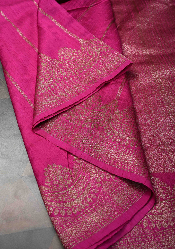Pink Banarasi Raw Silk Saree with Zari Vertical Stripes and Scalloped Border | SILK MARK CERTIFIED