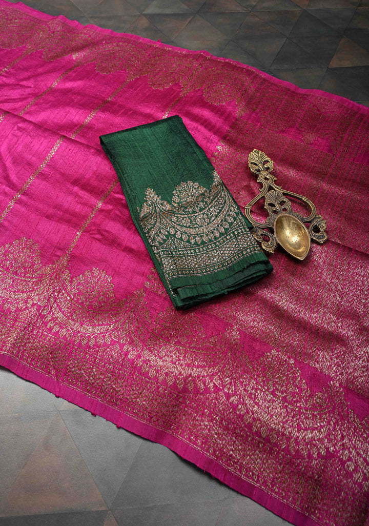 Pink Banarasi Raw Silk Saree with Zari Vertical Stripes and Scalloped Border | SILK MARK CERTIFIED