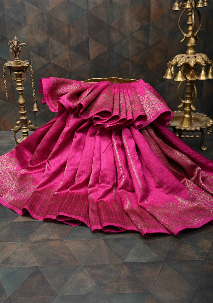 Pink Banarasi Raw Silk Saree with Zari Vertical Stripes and Scalloped Border | SILK MARK CERTIFIED