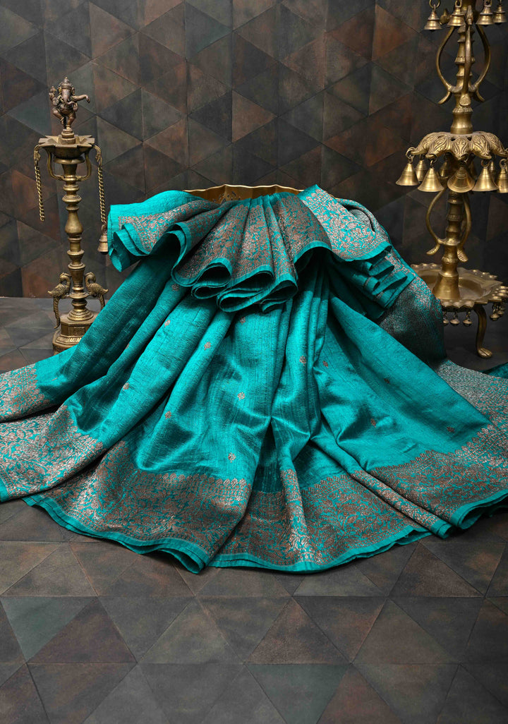 Teal Banarasi Raw Silk Saree with Antique Zari Buttis and Zari Border | SILK MARK CERTIFIED