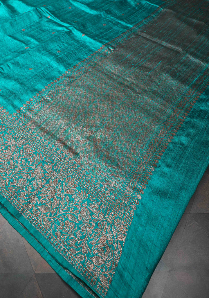 Teal Banarasi Raw Silk Saree with Antique Zari Buttis and Zari Border | SILK MARK CERTIFIED