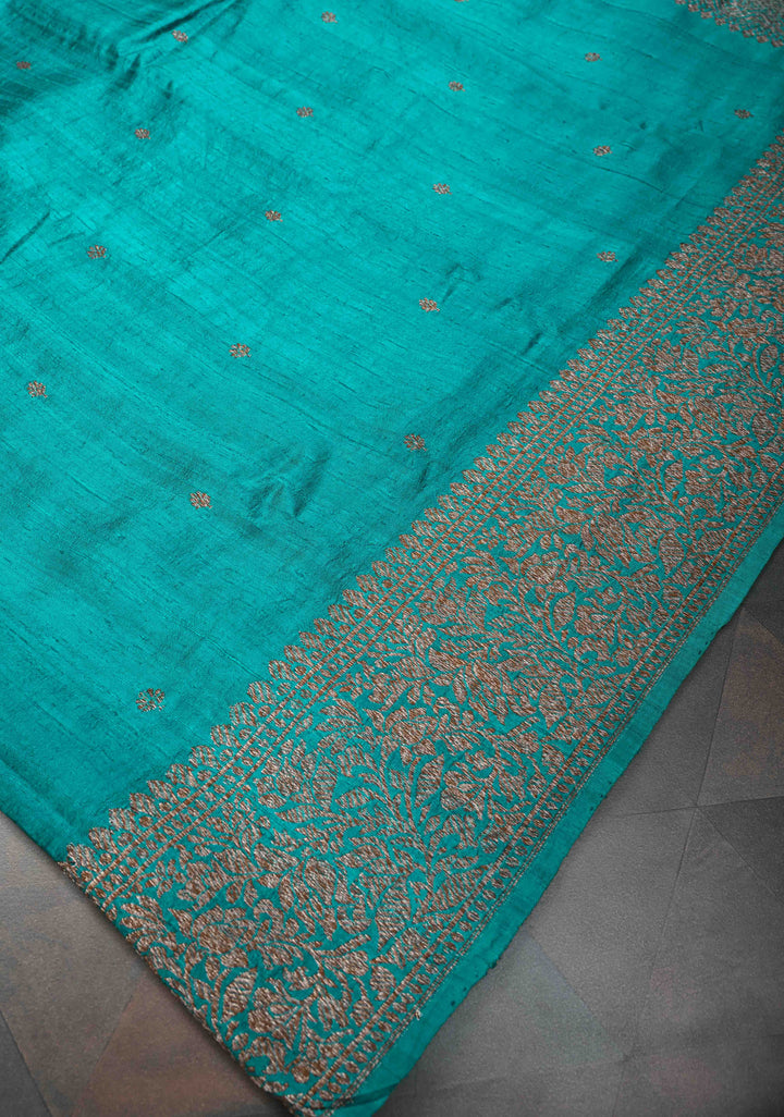 Teal Banarasi Raw Silk Saree with Antique Zari Buttis and Zari Border | SILK MARK CERTIFIED
