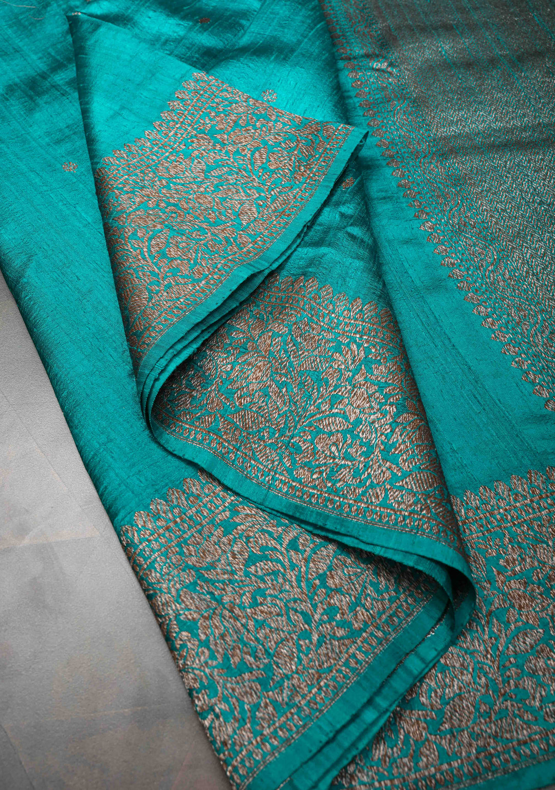 Teal Banarasi Raw Silk Saree with Antique Zari Buttis and Zari Border | SILK MARK CERTIFIED