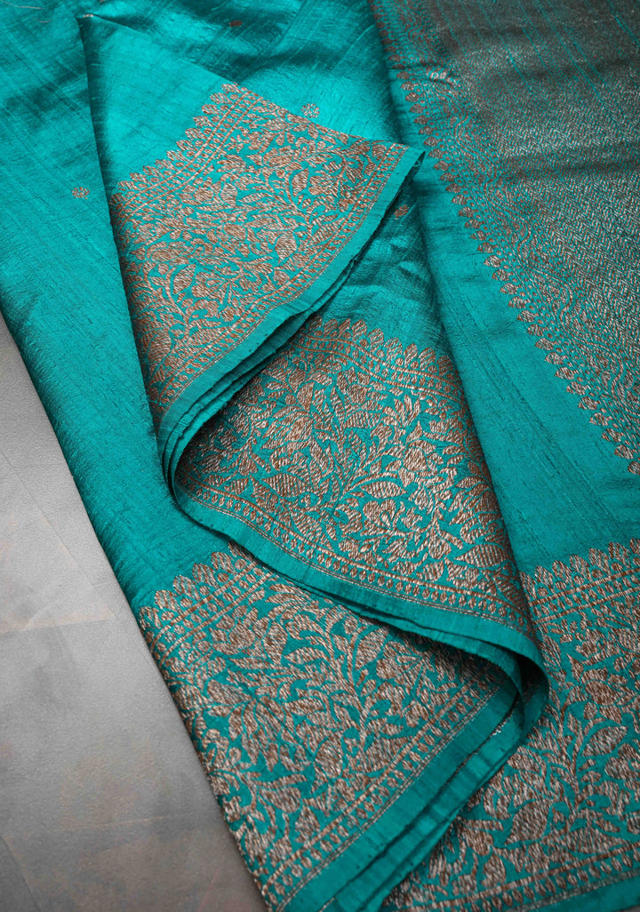 Teal Banarasi Raw Silk Saree with Antique Zari Buttis and Zari Border | SILK MARK CERTIFIED