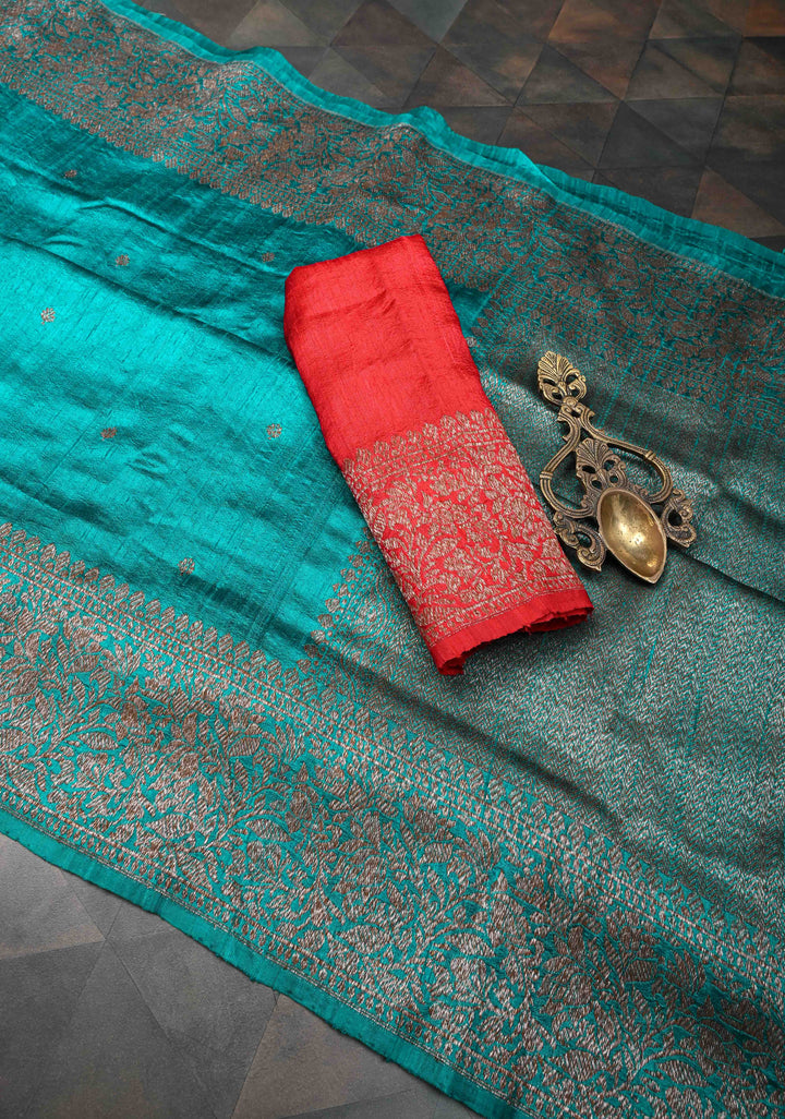 Teal Banarasi Raw Silk Saree with Antique Zari Buttis and Zari Border | SILK MARK CERTIFIED