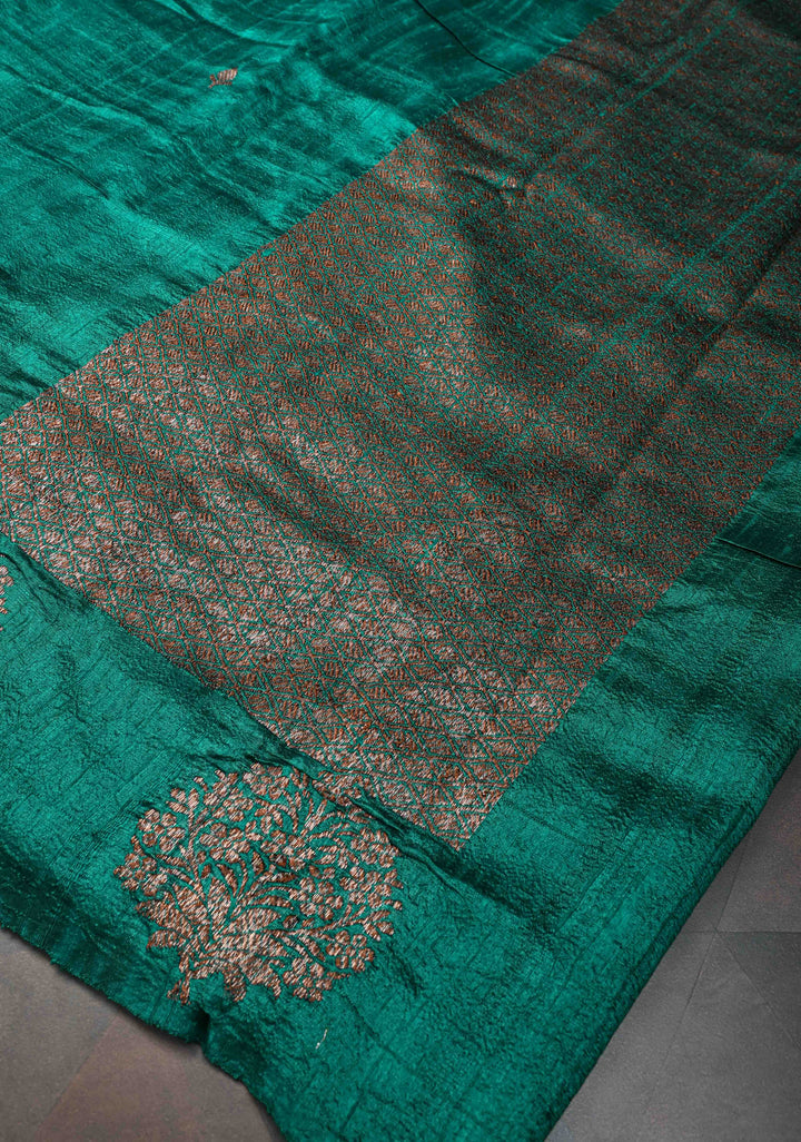 Rama Green Borderless Banarasi Raw Silk Saree with Damask Antique Zari Buttas | SILK MARK CERTIFIED