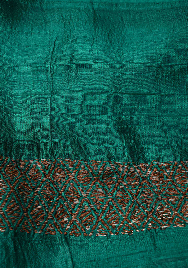 Rama Green Borderless Banarasi Raw Silk Saree with Damask Antique Zari Buttas | SILK MARK CERTIFIED