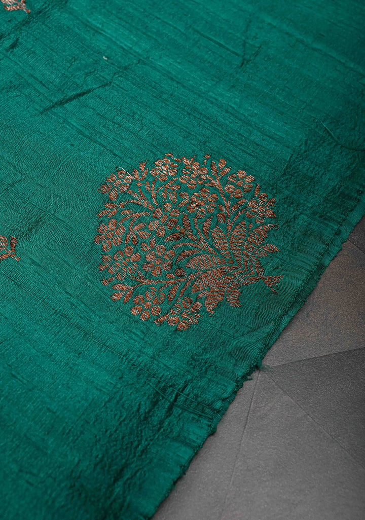 Rama Green Borderless Banarasi Raw Silk Saree with Damask Antique Zari Buttas | SILK MARK CERTIFIED