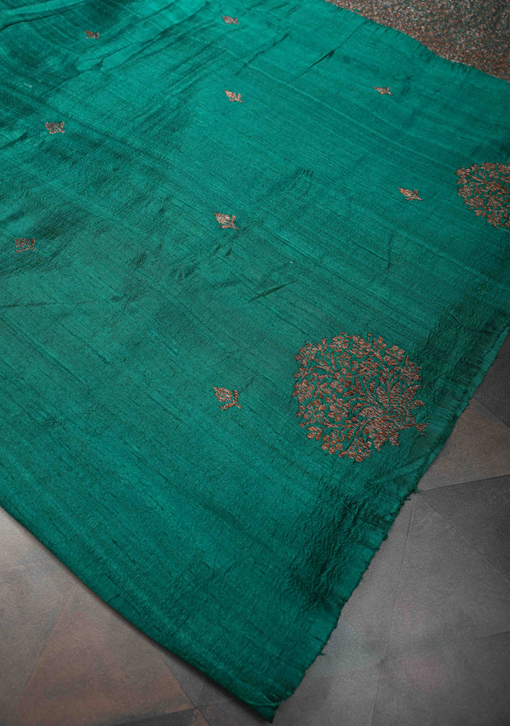 Rama Green Borderless Banarasi Raw Silk Saree with Damask Antique Zari Buttas | SILK MARK CERTIFIED