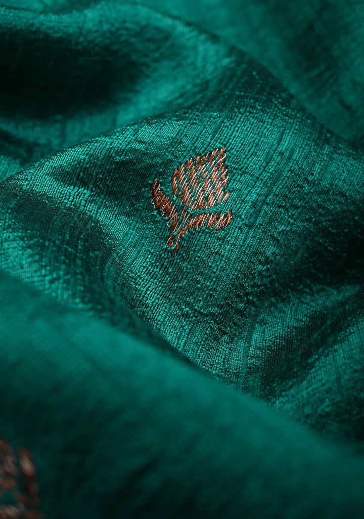 Rama Green Borderless Banarasi Raw Silk Saree with Damask Antique Zari Buttas | SILK MARK CERTIFIED