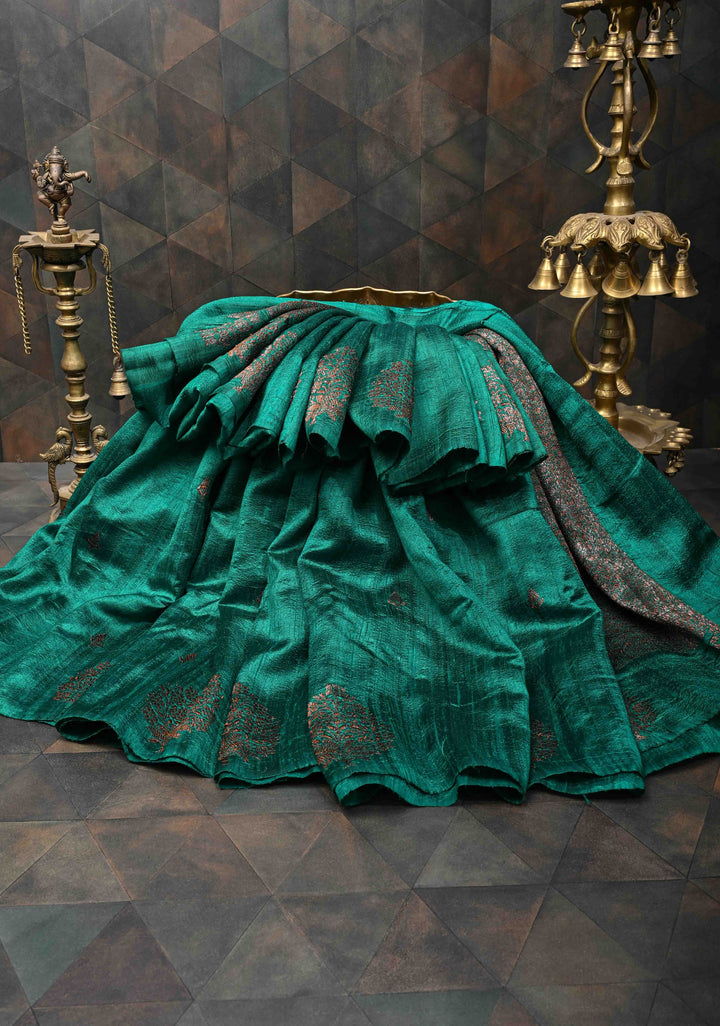 Rama Green Borderless Banarasi Raw Silk Saree with Damask Antique Zari Buttas | SILK MARK CERTIFIED