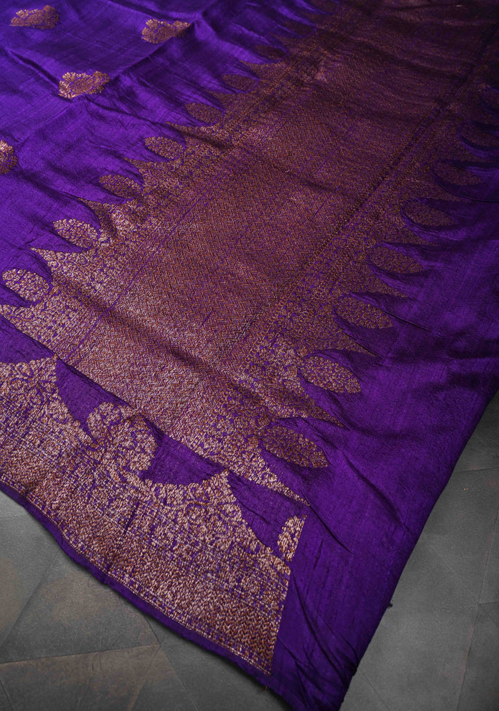 Purple Banarasi Raw Silk Saree with Antique Zari Buttas and Scalloped Border | SILK MARK CERTIFIED