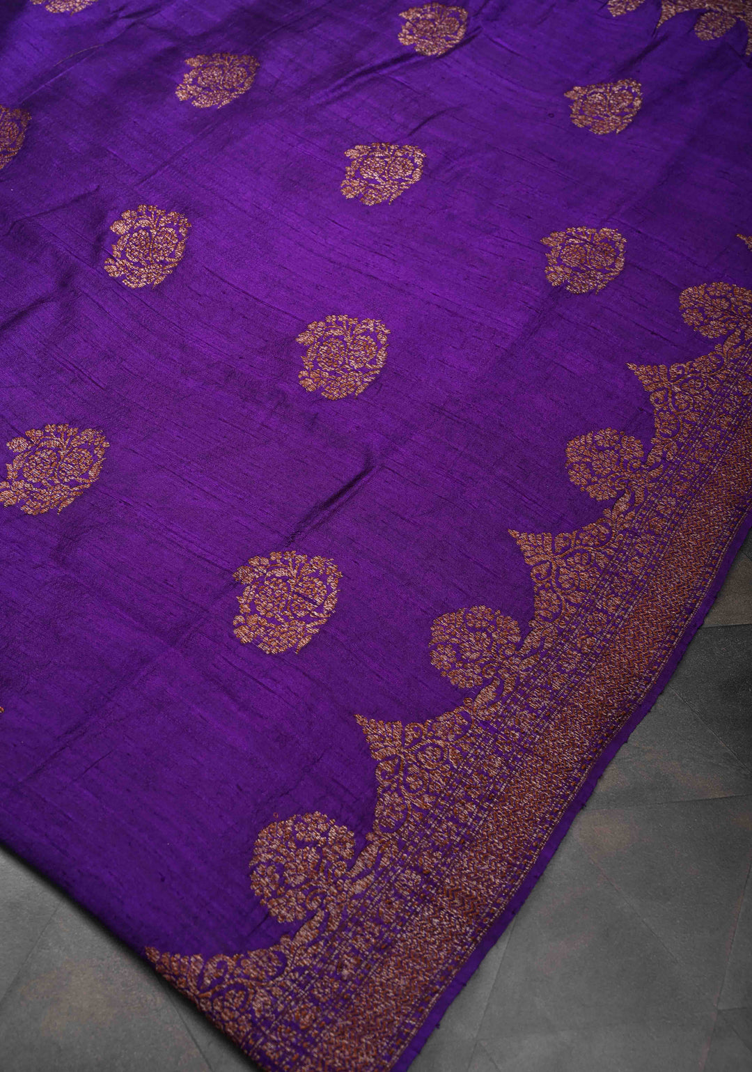 Purple Banarasi Raw Silk Saree with Antique Zari Buttas and Scalloped Border | SILK MARK CERTIFIED
