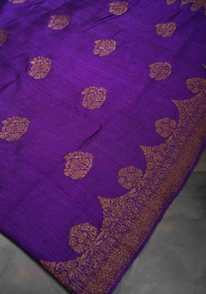 Purple Banarasi Raw Silk Saree with Antique Zari Buttas and Scalloped Border | SILK MARK CERTIFIED