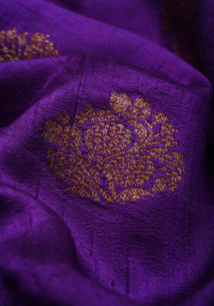 Purple Banarasi Raw Silk Saree with Antique Zari Buttas and Scalloped Border | SILK MARK CERTIFIED