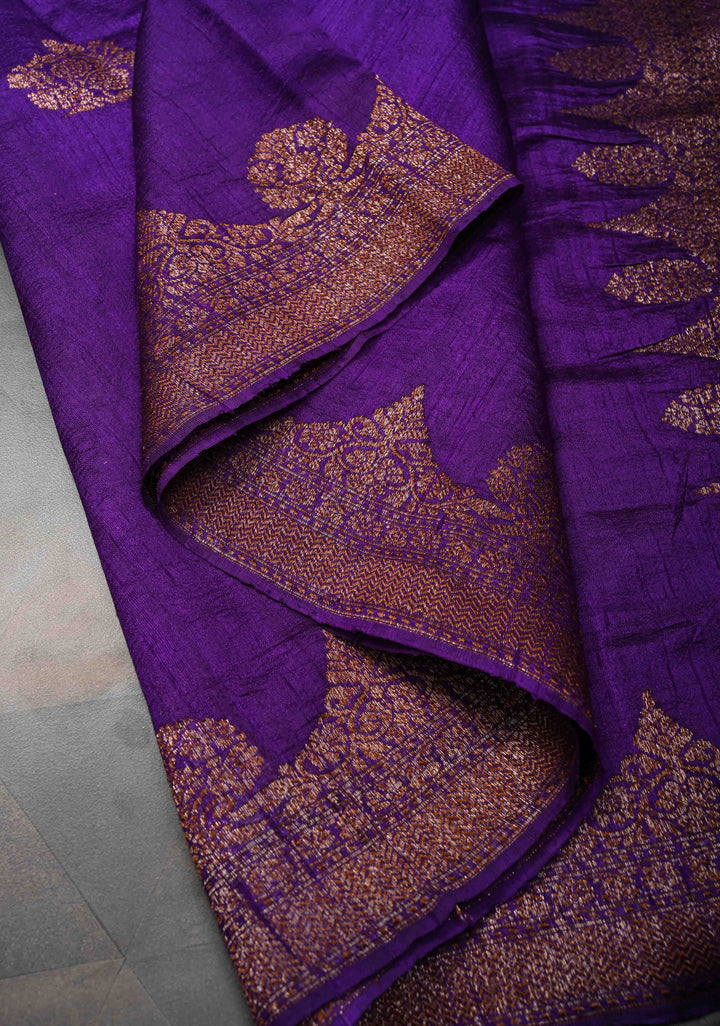 Purple Banarasi Raw Silk Saree with Antique Zari Buttas and Scalloped Border | SILK MARK CERTIFIED