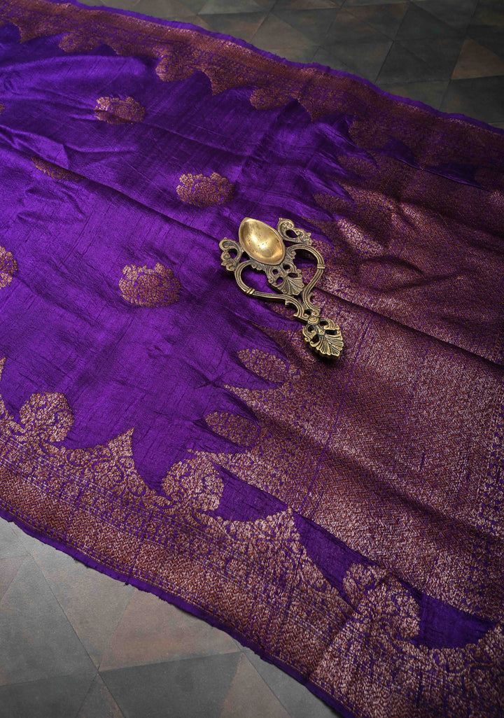 Purple Banarasi Raw Silk Saree with Antique Zari Buttas and Scalloped Border | SILK MARK CERTIFIED