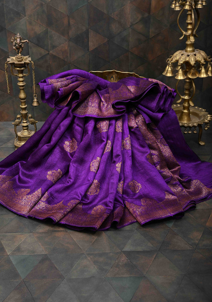 Purple Banarasi Raw Silk Saree with Antique Zari Buttas and Scalloped Border | SILK MARK CERTIFIED