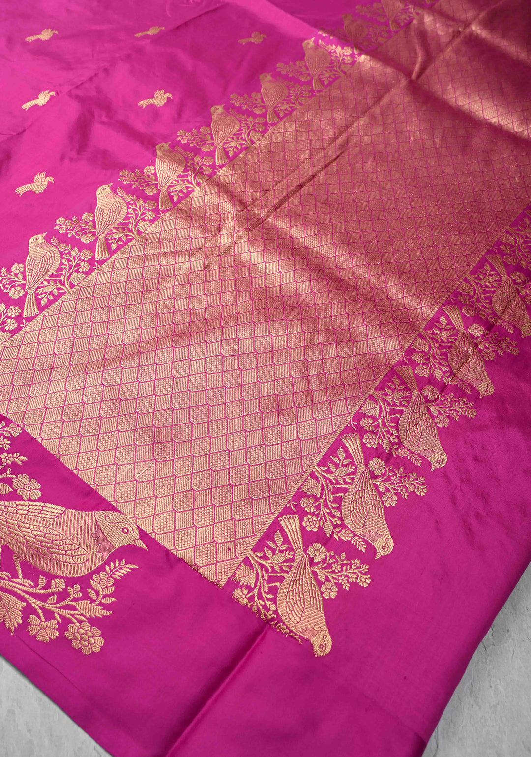 Fuchsia Banarasi Katan silk saree with Birds Motifs and Distinct Sparrow Motifs on Border | SILK MARK CERTIFIED