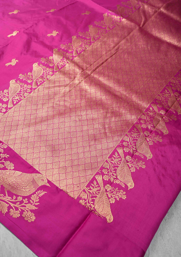 Fuchsia Banarasi Katan silk saree with Birds Motifs and Distinct Sparrow Motifs on Border | SILK MARK CERTIFIED