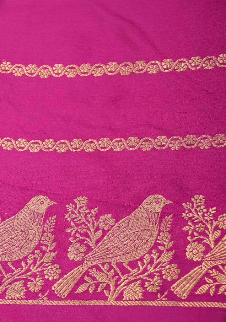 Fuchsia Banarasi Katan silk saree with Birds Motifs and Distinct Sparrow Motifs on Border | SILK MARK CERTIFIED