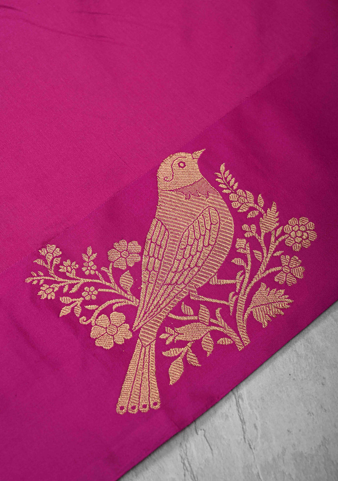 Fuchsia Banarasi Katan silk saree with Birds Motifs and Distinct Sparrow Motifs on Border | SILK MARK CERTIFIED