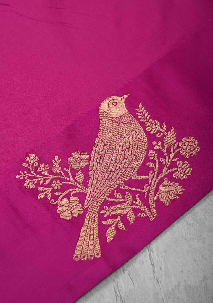 Fuchsia Banarasi Katan silk saree with Birds Motifs and Distinct Sparrow Motifs on Border | SILK MARK CERTIFIED