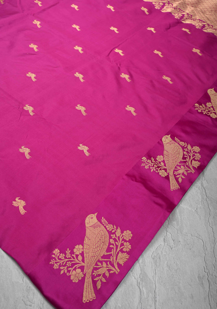 Fuchsia Banarasi Katan silk saree with Birds Motifs and Distinct Sparrow Motifs on Border | SILK MARK CERTIFIED