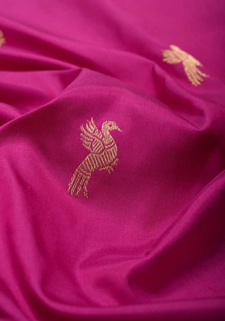 Fuchsia Banarasi Katan silk saree with Birds Motifs and Distinct Sparrow Motifs on Border | SILK MARK CERTIFIED