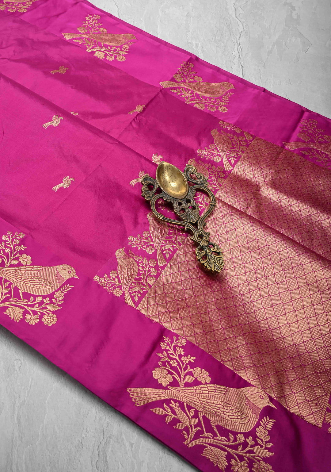 Fuchsia Banarasi Katan silk saree with Birds Motifs and Distinct Sparrow Motifs on Border | SILK MARK CERTIFIED