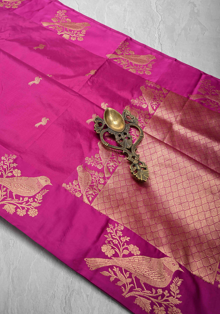 Fuchsia Banarasi Katan silk saree with Birds Motifs and Distinct Sparrow Motifs on Border | SILK MARK CERTIFIED
