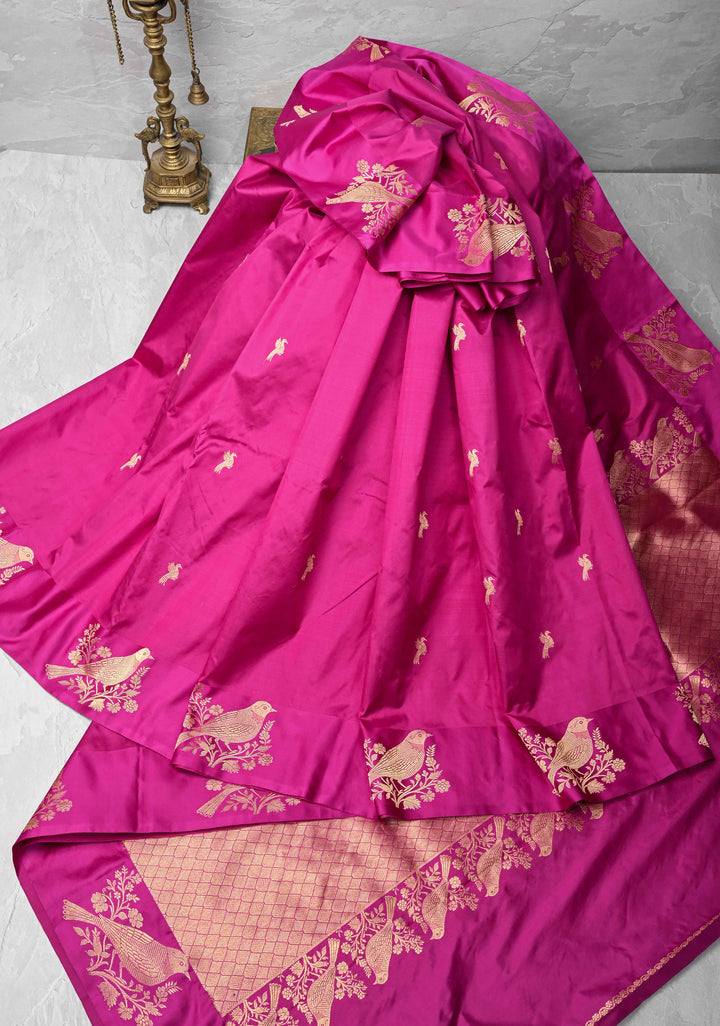 Fuchsia Banarasi Katan silk saree with Birds Motifs and Distinct Sparrow Motifs on Border | SILK MARK CERTIFIED
