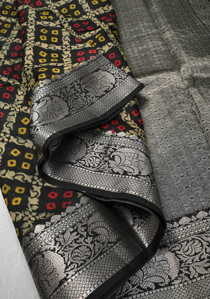 Black Tussar by Kora Silk Saree with Geometric Digital Print and Zari Border | SILK MARK CERTIFIED