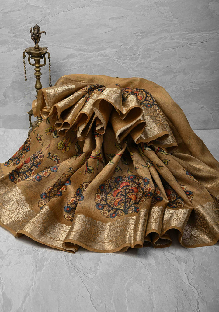 Golden brown Tussar by Kora Silk Saree with kalamkari Digital Print and Zari Border | SILK MARK CERTIFIED